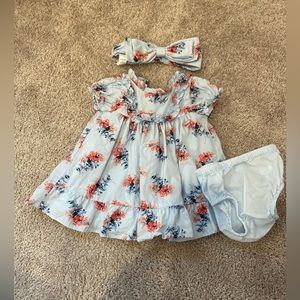 Janie and Jack Light Blue with Pink Floral Print Dress with Bow